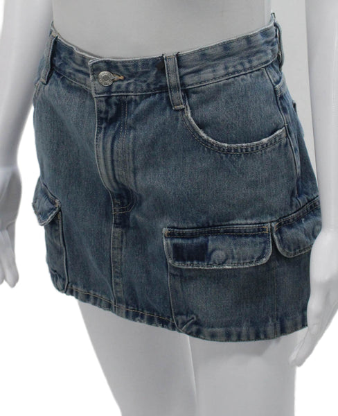 Zara Women Cargo Skirt Blue Cotton Solid Button Short Size M