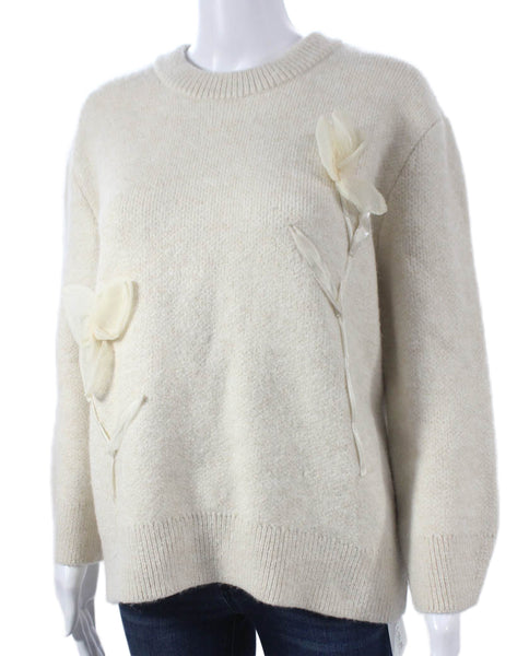 Anthropologie Women Pullover Sweater Ivory Floral Crew Neck Acrylic Size XS
