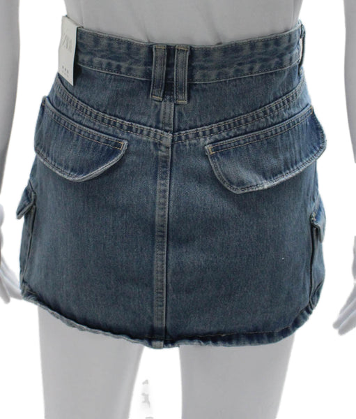 Zara Women Cargo Skirt Blue Cotton Solid Button Short Size M