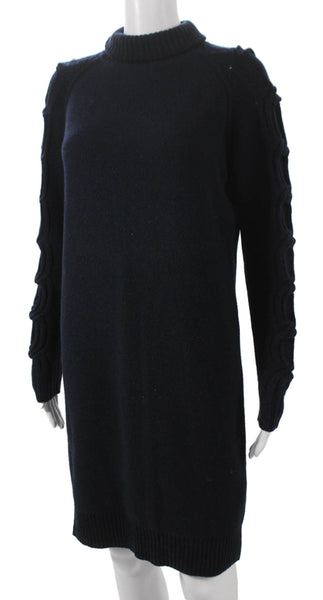 Max Mara Women Sweater Dress Blue Wool High Neck Long Sleeve Knee Length Size S