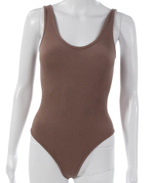 Zara Womens One Piece Bodysuit Brown Striped Scoop Neck Sleeveless Nylon Size M