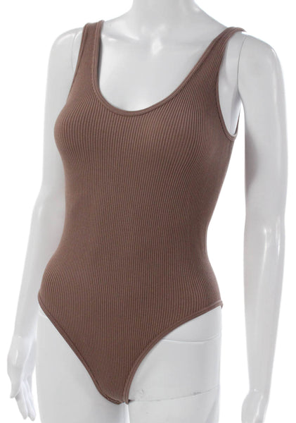 Zara Womens One Piece Bodysuit Brown Striped Scoop Neck Sleeveless Nylon Size M