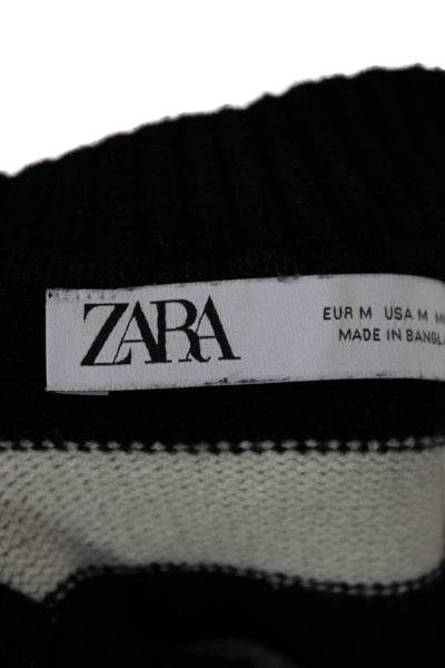 Zara Women Black Viscose Striped Crew Neck Pullover Sweater Size M