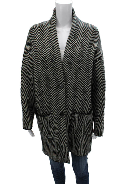 Zara Women Herringbone Black Collared Buttoned Cardigan Long Sleeve Size S