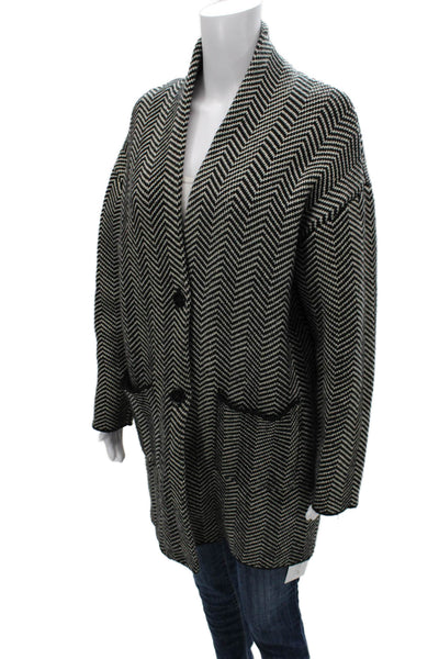 Zara Women Herringbone Black Collared Buttoned Cardigan Long Sleeve Size S