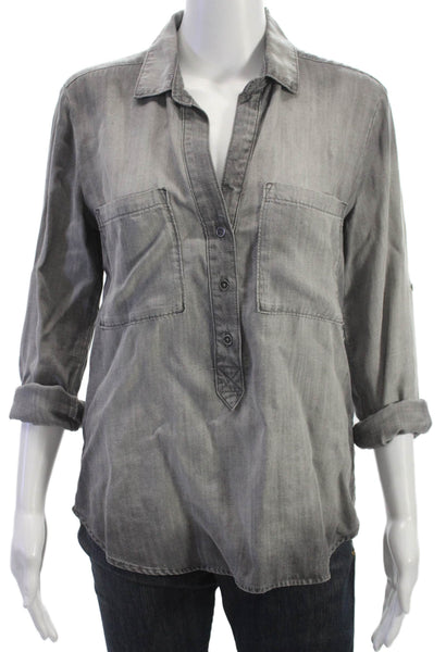 Cloth & Stone Women Tunic Blouse Gray Tencel Collared Button 3/4 Sleeve Size XS