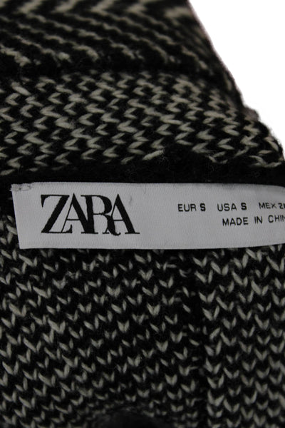 Zara Women Herringbone Black Collared Buttoned Cardigan Long Sleeve Size S