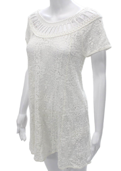Free People Women Shift Dress White Floral Boat Neck Short Sleeve Cotton Size S