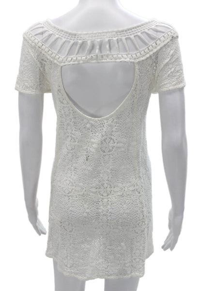 Free People Women Shift Dress White Floral Boat Neck Short Sleeve Cotton Size S