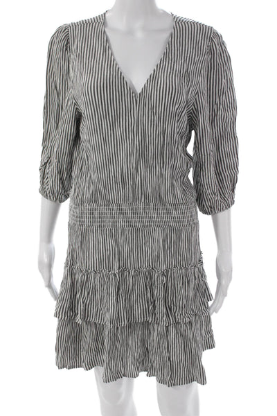 Z Supply Women Fit & Flare Striped Black V-Neck Dress 3/4 Sleeve Rayon Size M