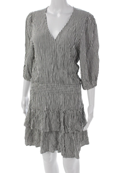 Z Supply Women Fit & Flare Striped Black V-Neck Dress 3/4 Sleeve Rayon Size M