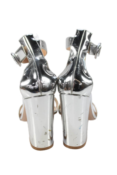 Gianvito Rossi Womens Block Heel Patent Leather Ankle Strap Sandals Silver 41