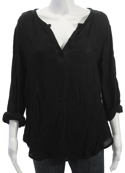Cloth & Stone Womens Tunic Blouse Black V-Neck Cupro 3/4 Sleeve Pullover Size M