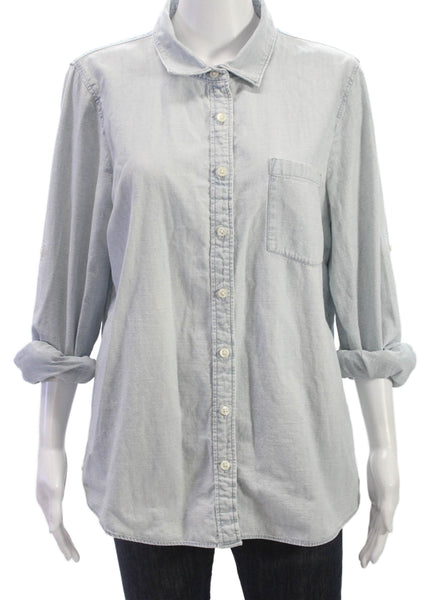 J Crew Women Collared Button-Up Top Blue Cotton Long Sleeve Size M