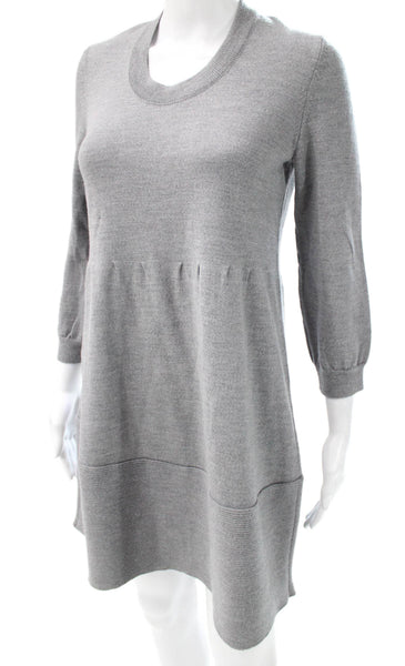 Piazza Sempione Women Gray Wool Blend Sweater Dress Crew Neck 3/4 Sleeve Size S