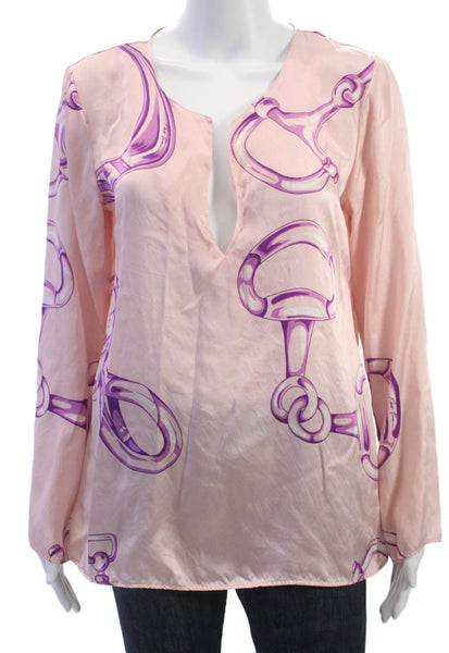 Robert Friedman Womens Silk Chain Print V-Neck Tunic Pink Long Sleeve Size M
