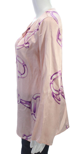 Robert Friedman Womens Silk Chain Print V-Neck Tunic Pink Long Sleeve Size M