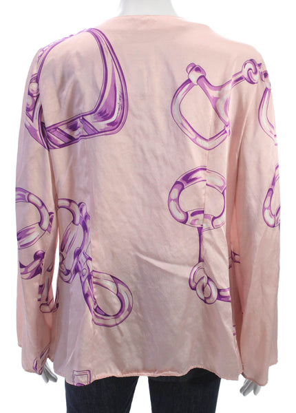 Robert Friedman Womens Silk Chain Print V-Neck Tunic Pink Long Sleeve Size M