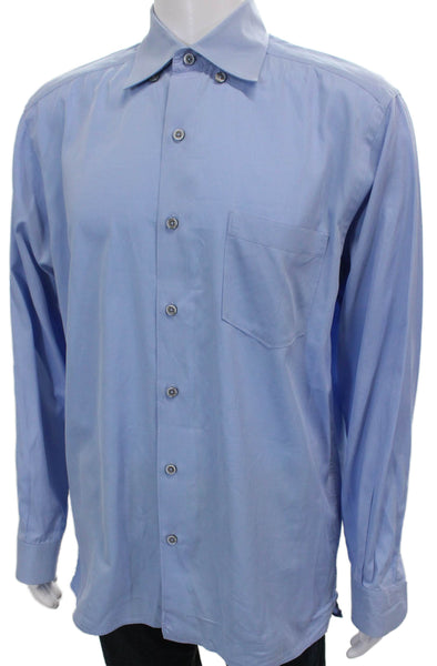 Ermenegildo Zegna Mens Blue Striped Cotton Dress Shirt Long Sleeve Size L