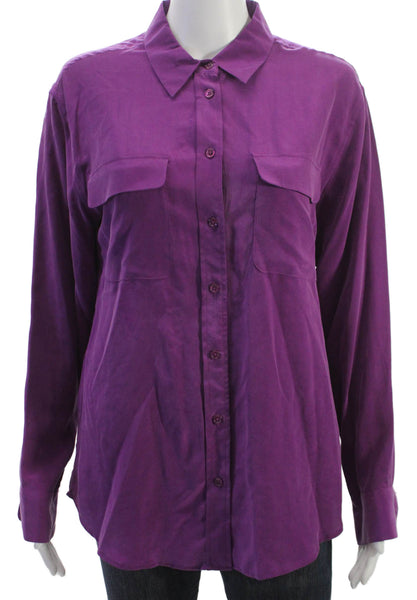 Equipment Femme Womens Silk Collared Long Sleeve Button-Up Blouse Purple Size S