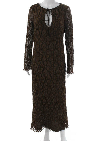 Zara Women Maxi Dress Brown Long Sleeve Tie Round Neck Size M