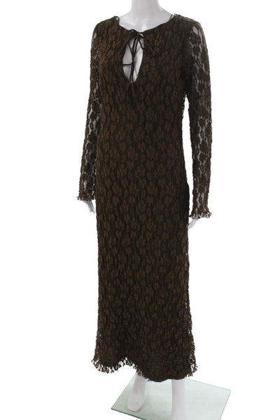 Zara Women Maxi Dress Brown Long Sleeve Tie Round Neck Size M