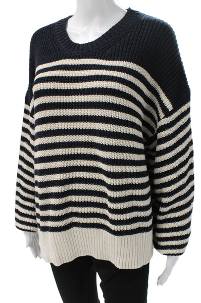 J Crew Women Pullover Sweater Blue Striped Crew Neck Long Sleeve Size 2XL