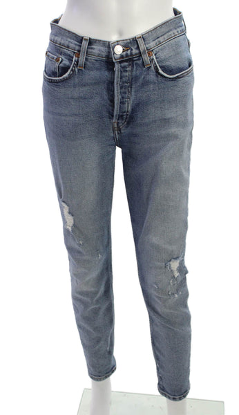 Re/Done Women Tapered Jeans Blue Cotton Blend Mid Rise Button Inseam 28 Size 26