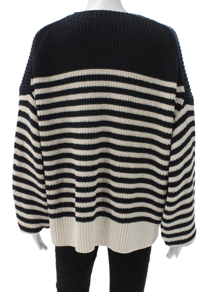 J Crew Women Pullover Sweater Blue Striped Crew Neck Long Sleeve Size 2XL
