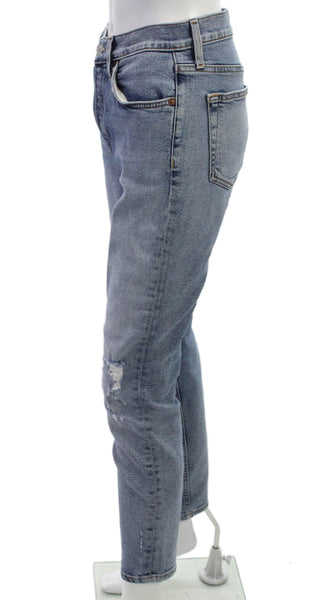 Re/Done Women Tapered Jeans Blue Cotton Blend Mid Rise Button Inseam 28 Size 26