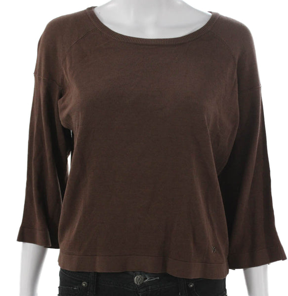 Purificacion Garcia Women Basic Brown Cotton Round Neck 3/4 Sleeve Tee Size XS