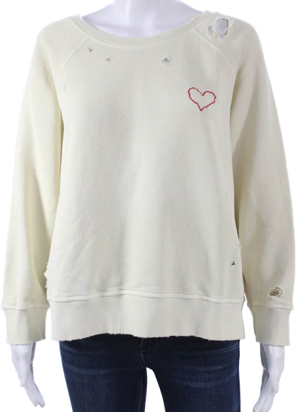 Philanthropy Women Pullover Sweatshirt Ivory Cotton Crewneck Long Sleeve Size L