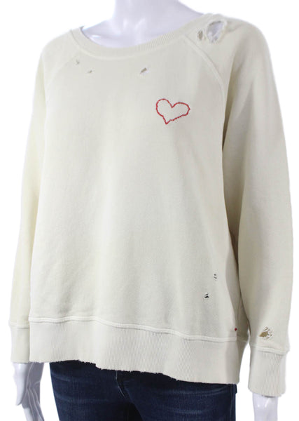 Philanthropy Women Pullover Sweatshirt Ivory Cotton Crewneck Long Sleeve Size L