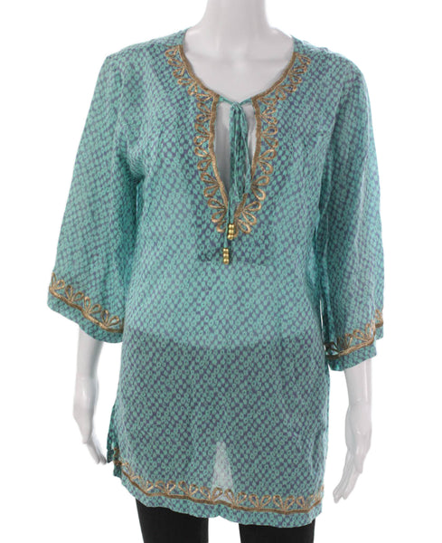 OndadeMar Women Tunic Green 100% Cotton V-Neck 3/4 Sleeve Geometric Size M