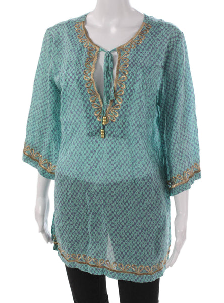 OndadeMar Women Tunic Green 100% Cotton V-Neck 3/4 Sleeve Geometric Size M