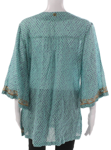 OndadeMar Women Tunic Green 100% Cotton V-Neck 3/4 Sleeve Geometric Size M
