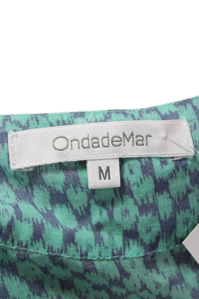 OndadeMar Women Tunic Green 100% Cotton V-Neck 3/4 Sleeve Geometric Size M