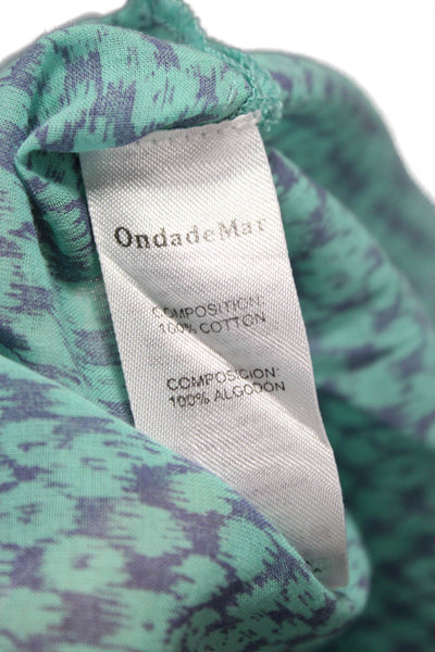 OndadeMar Women Tunic Green 100% Cotton V-Neck 3/4 Sleeve Geometric Size M