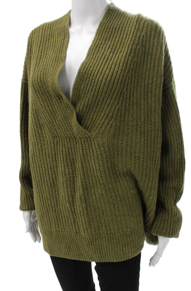 Vince Women Green V-Neck Wool Blend Pullover Sweater Long Sleeve Size L
