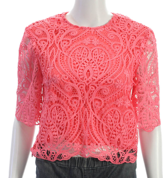 Le Superbe Women Cropped Blouse Pink Round Neck 3/4 Sleeve Zip Polyester Size 2