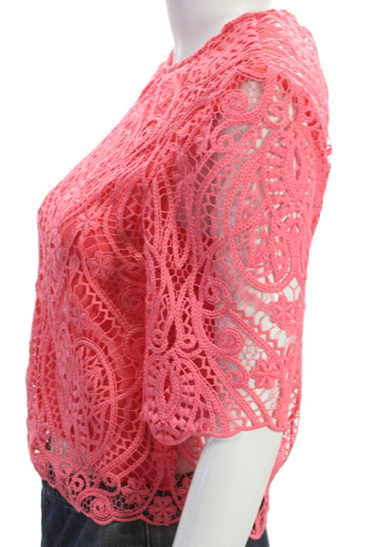 Le Superbe Women Cropped Blouse Pink Round Neck 3/4 Sleeve Zip Polyester Size 2