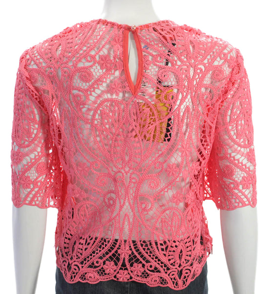 Le Superbe Women Cropped Blouse Pink Round Neck 3/4 Sleeve Zip Polyester Size 2