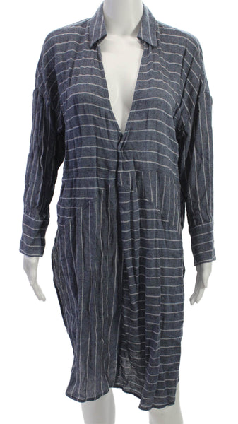 Akemi Kin Women Shirt Dress Blue Striped Collar Long Sleeve Knee Length Size S