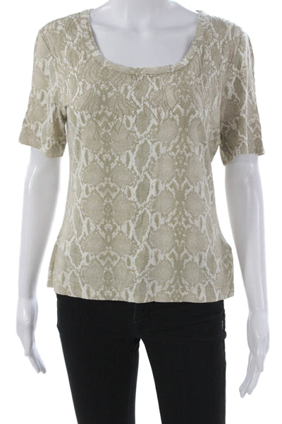 St. John Womens Basic Scoop Neck Animal Print Short Sleeve T-Shirt Beige Size S