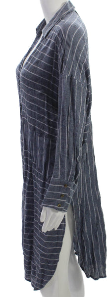 Akemi Kin Women Shirt Dress Blue Striped Collar Long Sleeve Knee Length Size S