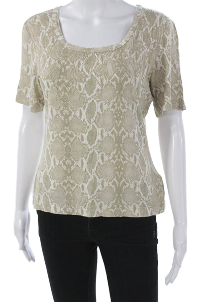 St. John Womens Basic Scoop Neck Animal Print Short Sleeve T-Shirt Beige Size S