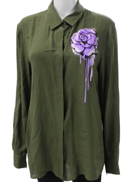 Boutique Moschino Women Collared Floral Button-Up Blouse Green Size 10