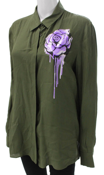 Boutique Moschino Women Collared Floral Button-Up Blouse Green Size 10