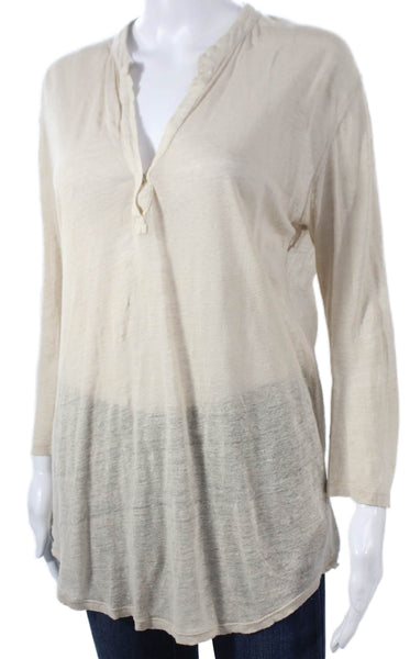 Majestic Filatures Women Beige Linen Henley Tunic Long Sleeve Size 3