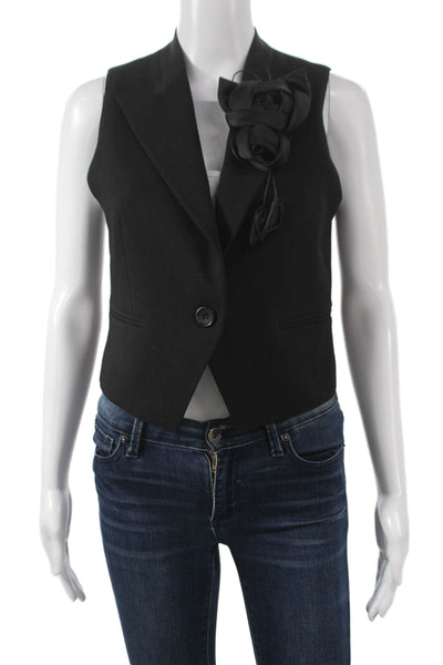 Theo Women Black Polyester V Neck Sleeveless Vest Flower Size S